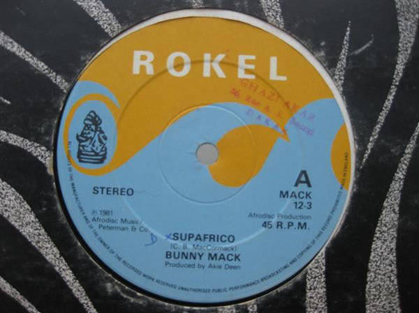 Image of Front Cover of 12" - /G+ - BUNNY MACK, Supafrico (Rokel; MACK 12-3, UK 1981), Superficial marks only, plays VG/VG+.,  - 3546302S