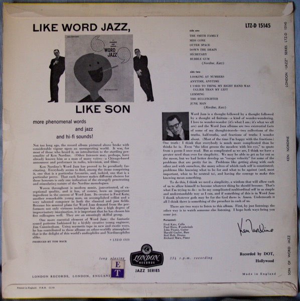 Image of Back Cover of LP - VG/VG - KEN NORDINE FEATURING THE FRED KATZ GROUP, Son Of Word Jazz (London Records; LTZ-D.15145, UK 1958, Laminated Flipback Sleeve), Strong VG to sleeve. Light marks to disc.,  - 3516663C