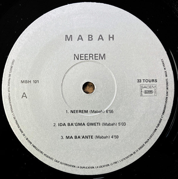 Image of Label Cover of 12" - VG/VG+ - MABAH, Neerem (Not On Label; MBH 101, France 1983), Lightest wear to edge of sleeve.,  - 3546317S