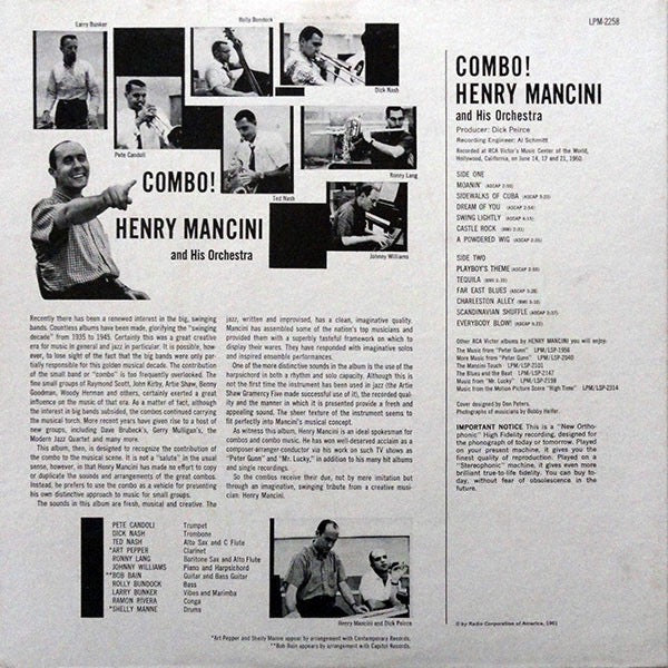 Image of Back Cover of LP - G+/G+ - HENRY MANCINI, Combo! (RCA Victor; LPM-2258, US 1961, Mono), Sleeve is taped. Disc has light marks only.,  - 3516664C