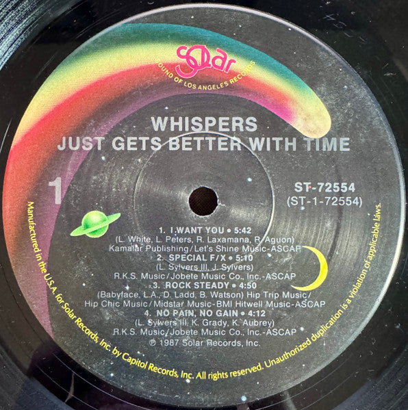 Image of Label Cover of 12" - VG+/VG+ - THE WHISPERS, Just Gets Better With Time (Solar; ST-72554, US 1987), Sleeve still in shrinkwrap (opened).,  - 3546318S