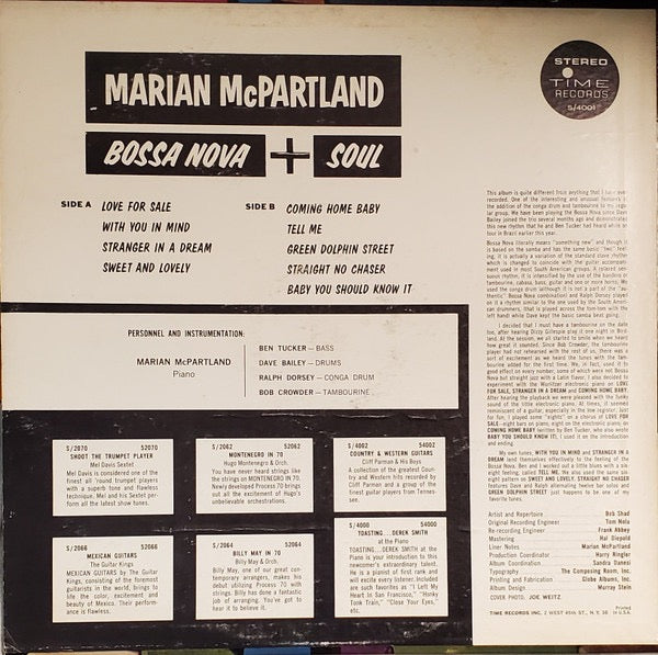 Image of Back Cover of LP - VG/VG - MARIAN MCPARTLAND, Bossa Nova + Soul (Time Records; S/4001, US 1963, Laminated Pasteback Sleeve), Sleeve is nice apart from a split to base seam. Disc is a strong VG.,  - 3516665C