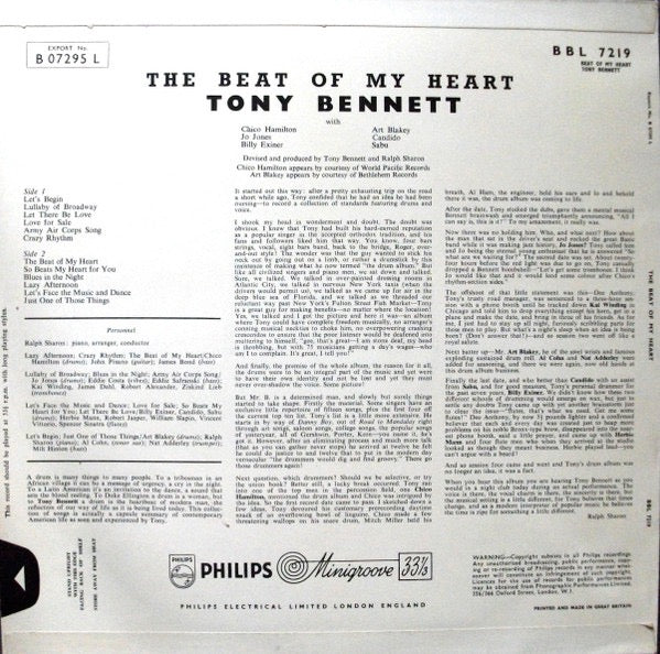 Image of Back Cover of LP - VG/G+ - TONY BENNETT, The Beat Of My Heart (Philips; BBL.7219, UK 1957, Laminated Flipback Sleeve, Mono), Quite a few light marks to disc,  - 3516666C