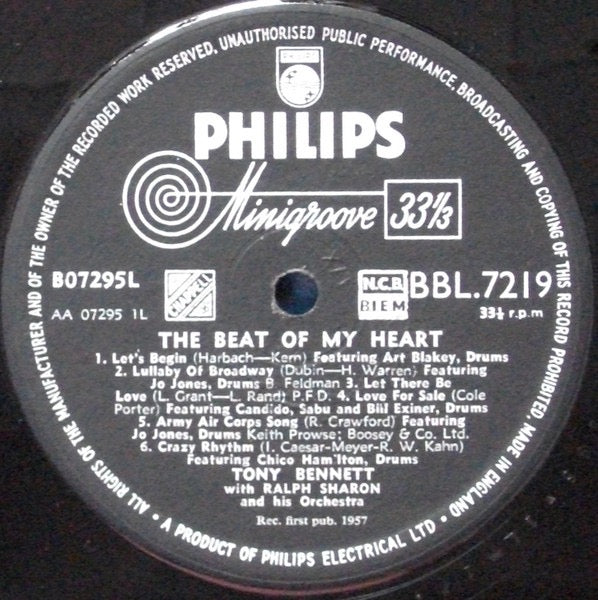 Image of Label Cover of LP - VG/G+ - TONY BENNETT, The Beat Of My Heart (Philips; BBL.7219, UK 1957, Laminated Flipback Sleeve, Mono), Quite a few light marks to disc,  - 3516666C