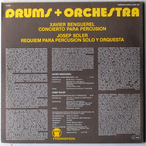 Image of Back Cover of LP - VG+/VG - BENGUEREL, SOLER, Drums + Orchestra: Concierto / Requiem (Thorofon; MTH 193, Germany , Gatefold), Light marks only,  - 3516667C
