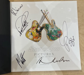 Image of Front Cover of 4xCD - VG/VG+ - STATUS QUO, Pictures (40 Years Of Hits) (EarBooks; ISBN 978-3-940004-68-0, Europe 2008, Book Sleeve In Dust Jacket, SIGNED), Dust jacket has a small rip, marks & creases.,  - 3516691C