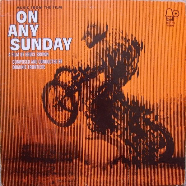 Image of Front Cover of LP - G/VG - DOMINIC FRONTIERE, On Any Sunday (Bell Records; BELL 1206, US 1971, Promo, Pasteback Sleeve), Water damaged sleeve. Disc plays great !,  - 3516703C