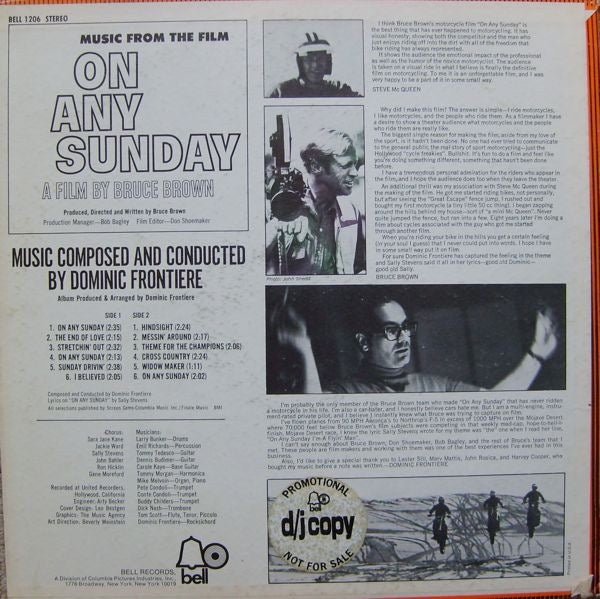 Image of Back Cover of LP - G/VG - DOMINIC FRONTIERE, On Any Sunday (Bell Records; BELL 1206, US 1971, Promo, Pasteback Sleeve), Water damaged sleeve. Disc plays great !,  - 3516703C