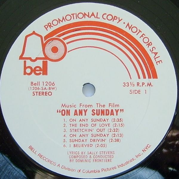 Image of Label Cover of LP - G/VG - DOMINIC FRONTIERE, On Any Sunday (Bell Records; BELL 1206, US 1971, Promo, Pasteback Sleeve), Water damaged sleeve. Disc plays great !,  - 3516703C