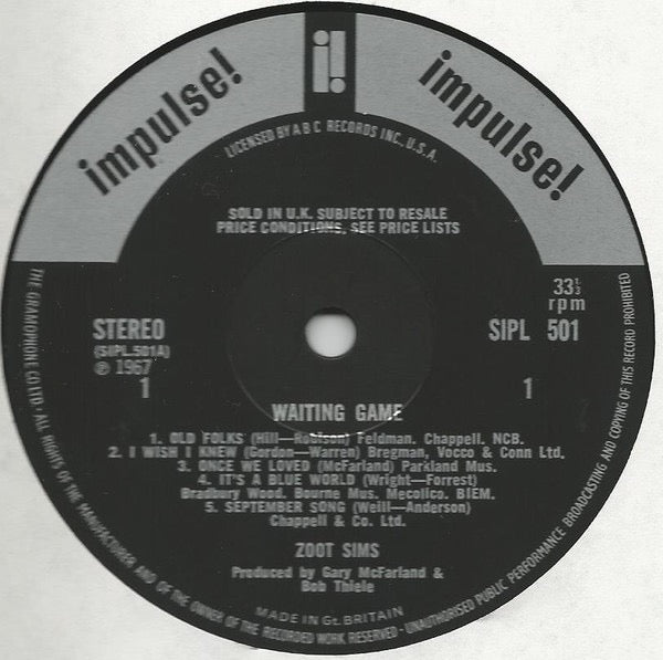 Image of Label Cover of LP - VG+/VG+ - ZOOT SIMS, Waiting Game (Impulse!; SIPL 501, UK 1968, Laminated Flipback Sleeve), One small scrape to sleeve.,  - 3516707C