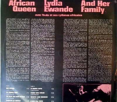 Image of Back Cover of LP - G+/VG - LYDIA EWANDE AND HER FAMILY AVEC YOULA ET SES RYTMES AFRICAINS, African Queen (Barclay; XBLY 920120, France 1968, Laminated Pasteback Sleeve), Damage to spine!,  - 3516708C