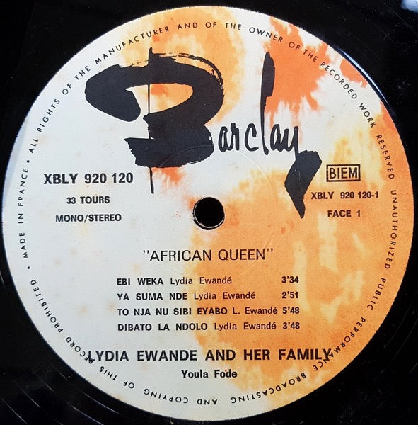 Image of Label Cover of LP - G+/VG - LYDIA EWANDE AND HER FAMILY AVEC YOULA ET SES RYTMES AFRICAINS, African Queen (Barclay; XBLY 920120, France 1968, Laminated Pasteback Sleeve), Damage to spine!,  - 3516708C