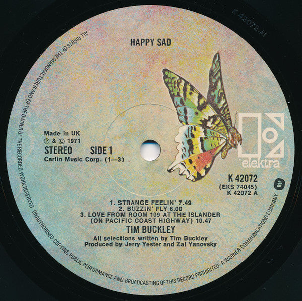 Image of Label Cover of LP - G+/VG - TIM BUCKLEY, Happy Sad (Elektra; K42072, UK 1970s Reissue), Light marks, top edge taped, edge wear,  - 3646004S