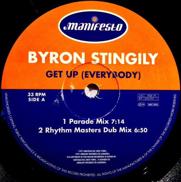 Image of Label Cover of 12" - VG/VG - BYRON STINGILY, Get Up (Everybody) (Manifesto; FESX 19, UK & Europe 1997, Titled Company Sleeve), ,  - 3616016C
