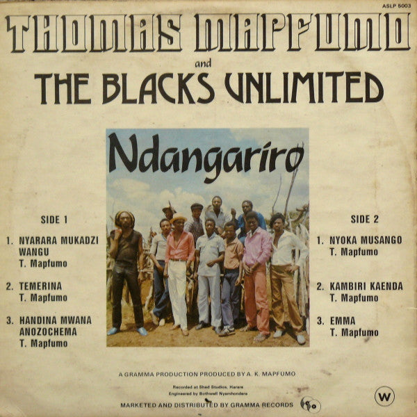 Image of Back Cover of LP - VG/VG+ - THOMAS MAPFUMO AND THE BLACKS UNLIMITED, Ndangariro (Afro Soul; ASLP 5003, Zimbabwe 1983, Picture Sleeve), WOS, still in opened shrink.,  - 3626004E
