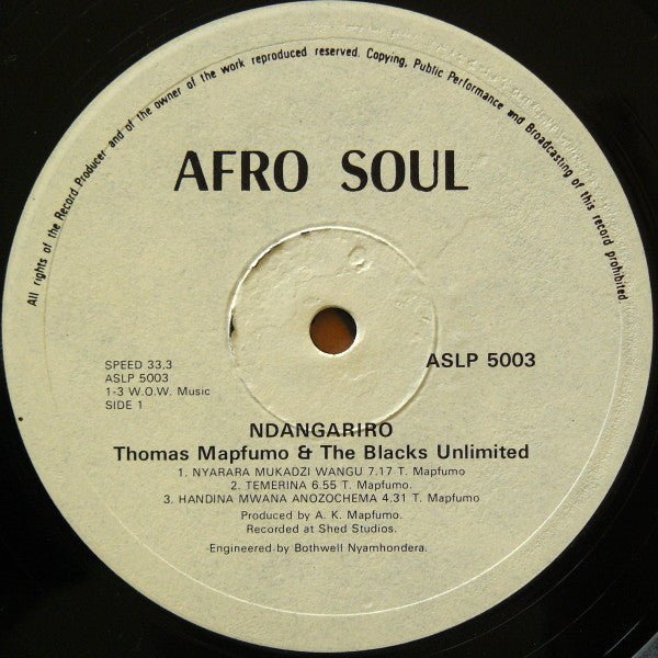Image of Label Cover of LP - VG/VG+ - THOMAS MAPFUMO AND THE BLACKS UNLIMITED, Ndangariro (Afro Soul; ASLP 5003, Zimbabwe 1983, Picture Sleeve), WOS, still in opened shrink.,  - 3626004E