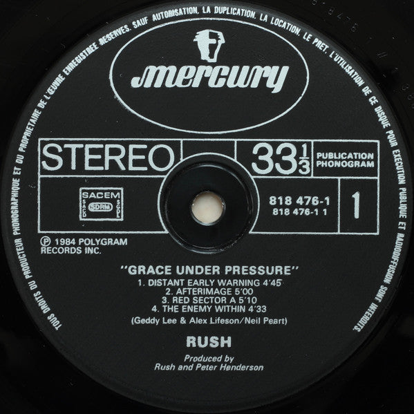 Image of Label Cover of LP - VG/VG+ - RUSH, Grace Under Pressure (Mercury; 818 476-1, France 1984, Inner), Light wear and sticker residue on sleeve. ,  - 3646053S