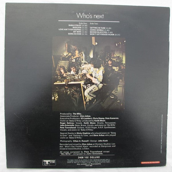 Image of Back Cover of LP - VG/G+ - THE WHO, Who's Next (Track; 2408102, UK 1971, Pinched Spine, Headhunters Inner, Side 1 Label tracklisting on 3 Lines, Side 2 on 2 Lines), Hairlines all over disc. A few feelable scratches. Edge and ring wear, creasing.,  - 2946219S