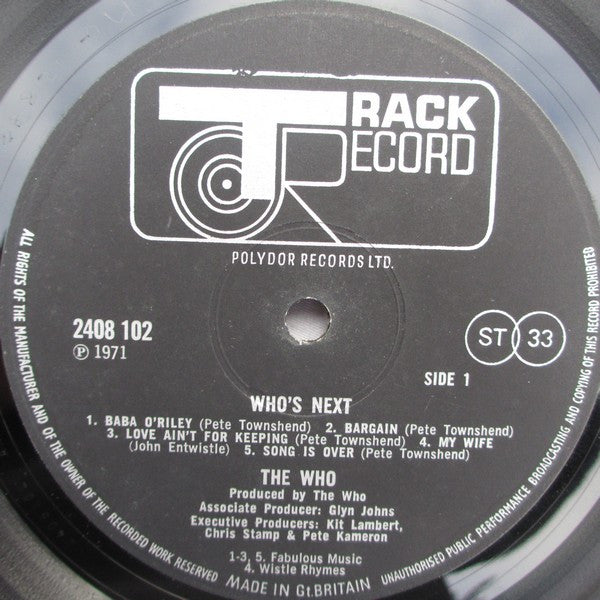 Image of Label Cover of LP - VG/G+ - THE WHO, Who's Next (Track; 2408102, UK 1971, Pinched Spine, Headhunters Inner, Side 1 Label tracklisting on 3 Lines, Side 2 on 2 Lines), Hairlines all over disc. A few feelable scratches. Edge and ring wear, creasing.,  - 2946219S