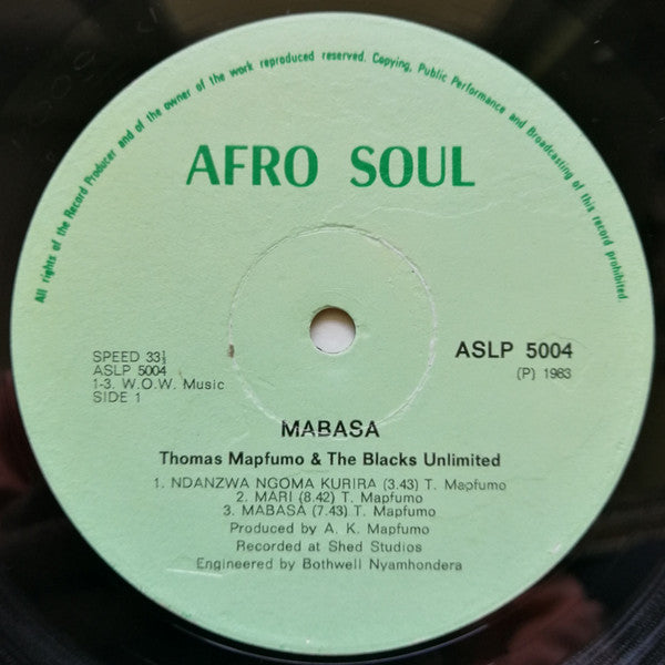 Image of Label Cover of LP - G+/VG - THOMAS MAPFUMO & THE BLACKS UNLIMITED, Mabasa (Afro Soul; ASLP 5004, Zimbabwe 1983, Picture Sleeve), First pressing. Strong VG, only a couple of v small marks to disc. Sleeve has some edge wear and has been taped along bottom spine.,  - 3526322E
