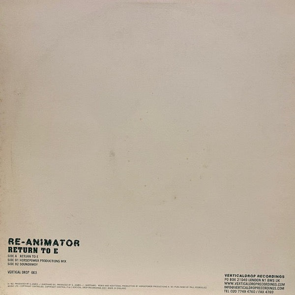 Image of Back Cover of 12" - VG/G+ - RE-ANIMATOR, Return To E (Vertical Drop Recordings; VDR 003, UK 2001, Picture Sleeve), Lots of light hairlines and marks, sleeve is ringworn + sticker ghost.,  - 3616025C