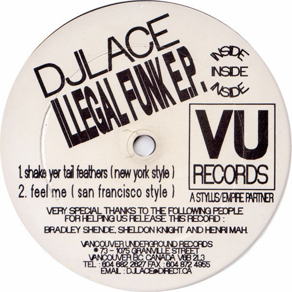 Image of Front Cover of 12" - /VG - DJ LACE, Illegal Funk E.P. (VU Records; VU 1, Canada 1995), ,  - 3646038S
