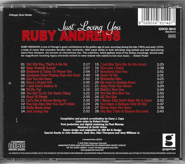 Image of Back Cover of CD - VG+/VG+ - RUBY ANDREWS, Just Loving You (The Zodiac Sessions 1967 - 1973) (Grapevine; GVCD 3014, UK 2004, Jewel Case), ,  - 3616062C