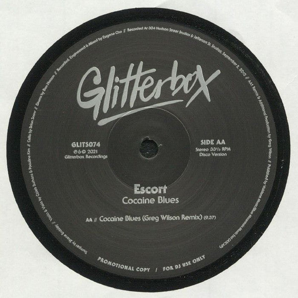 Image of Back Cover of 12" - VG+/VG+ - ESCORT, Cocaine Blues (Glitterbox; GLITS074, UK 2021 Reissue, Promo, Company Sleeve), , A1 Cocaine BluesA2 Cocaine Blues (Instrumental)AA Cocaine Blues (Greg Wilson Remix) - 3626011E