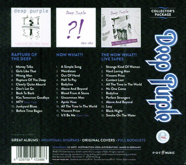 Image of Back Cover of 3xCD - VG/VG+ - DEEP PURPLE, Rapture Of The Deep   Now What?!   The Now What?! Live Tapes (Ear Music; 0210348EMU, Germany 2015, Slipcase, 3 Booklets), Slipcase is creased.,  - 3616046C