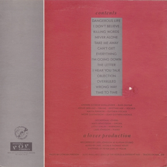 Image of Back Cover of LP - VG/VG+ - LEGENDARY LOVERS, A Dent In The Bigtime (Svenska Pop Fabriken; SP19, Sweden 1987, Red Sleeve), ,  - 3626090E