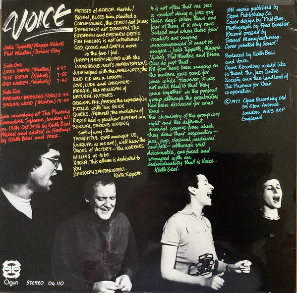 Image of Back Cover of LP - VG/VG+ - VOICE - JULIE TIPPETTS, MAGGIE NICHOLS, PHIL MINTON, BRIAN ELEY, Voice (Ogun; OG 110, UK 1977), ,  - 3626099E