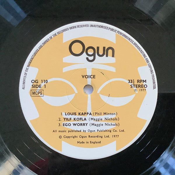 Image of Label Cover of LP - VG/VG+ - VOICE - JULIE TIPPETTS, MAGGIE NICHOLS, PHIL MINTON, BRIAN ELEY, Voice (Ogun; OG 110, UK 1977), ,  - 3626099E
