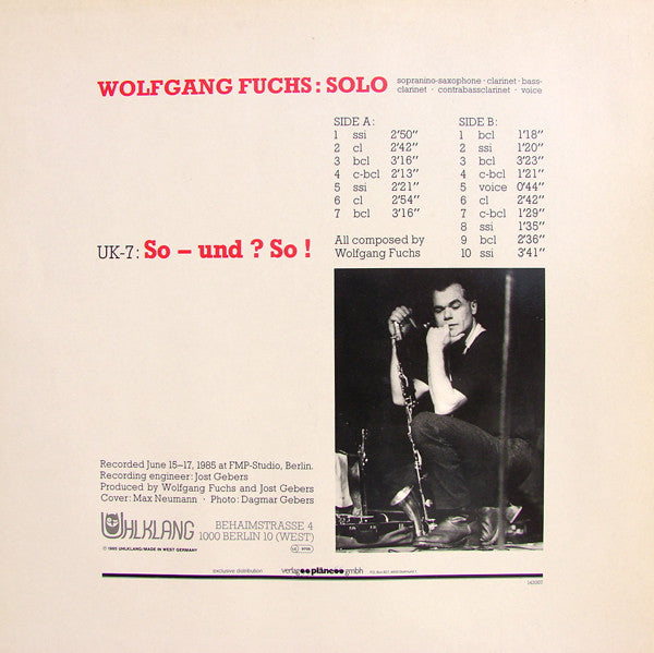 Image of Back Cover of LP - VG+/VG+ - WOLFGANG FUCHS, So - und ? So ! (Uhlklang; UK 7, Germany 1986), ,  - 3626100E