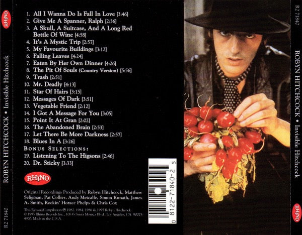 Image of Back Cover of CD - VG+/VG+ - ROBYN HITCHCOCK, Invisible Hitchcock (Rhino Records; R2 71840, US 1995 Reissue, Jewel Case), ,  - 3616065C