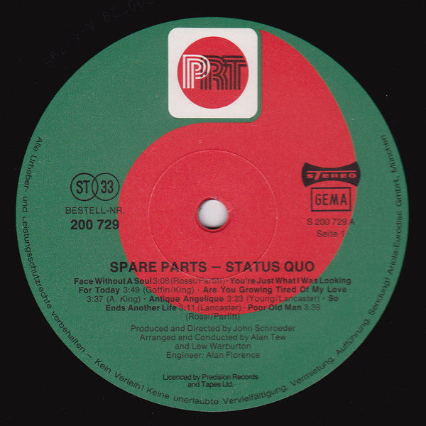 Image of Label Cover of LP - VG+/VG+ - STATUS QUO, Spare Parts (PRT; PYL 6021, UK 1987 Reissue, Laminated Sleeve, Stereo Sticker on Back of Sleeve), ,  - 3626106E