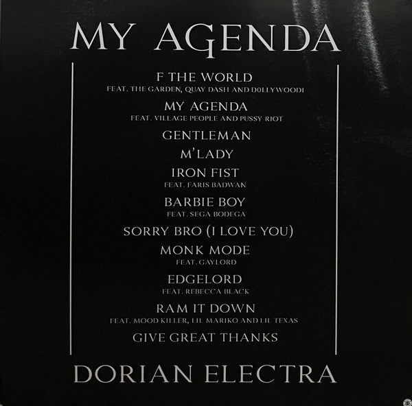 Image of Back Cover of LP - VG+/EX - DORIAN ELECTRA, My Agenda (; none, US 2021 Reissue, Poster, Neon Green And Black Splatter Vinyl, Signed), Corner Bump,  - 3526359E