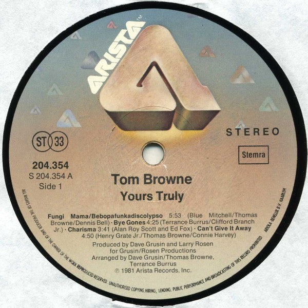 Image of Label Cover of LP - VG/VG+ - TOM BROWNE, Yours Truly (Arista; 204.354, Netherlands 1981), ,  - 3646041S