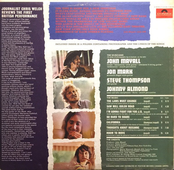 Image of Back Cover of LP - VG/VG - JOHN MAYALL, The Turning Point (Polydor; 543.029, Canada 1969, Textured Sleeve, Booklet), Light marks only,  - 3616087C