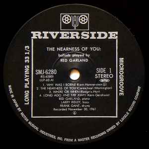 Image of Label Cover of LP - VG+/VG+ - RED GARLAND, The Nearness Of You (Riverside Records; SMJ-6280, Japan 1981 Reissue, Pasteback Sleeve, Insert, WithObi), ,  - 3646028S
