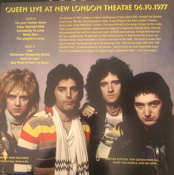 Image of Back Cover of LP - VG+/VG+ - QUEEN, A Very Special Night (Mardy Bum Records; BUM77 - NLT77-A/B, Italy 2024, Yellow Vinyl, Recorded live at New London Theatre Centre, London, October 6th, 1977 - Audience recording), ,  - 3646029S