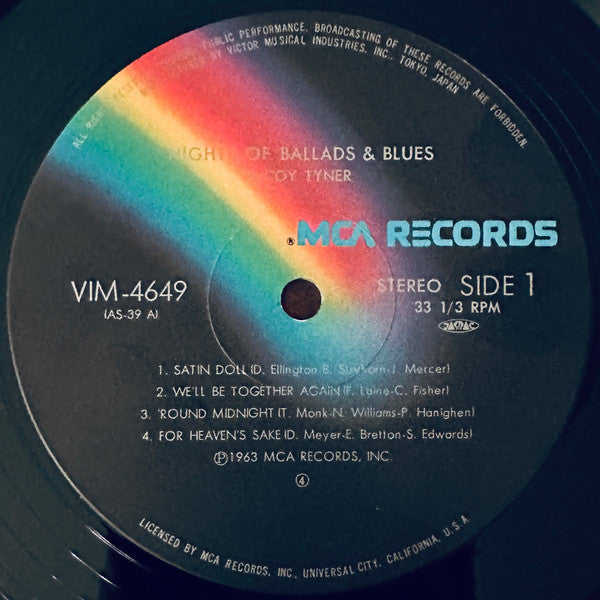 Image of Label Cover of LP - VG/VG - MCCOY TYNER, Nights Of Ballads & Blues (MCA Records; VIM-4649, Japan 1982 Reissue, Pasteback Gatefold, Insert, With Obi), Hairlines, foxing inside gatefold, edge & ring wear,  - 3646030S