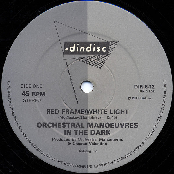 Image of Label Cover of 12" - VG/VG - ORCHESTRAL MANOEUVRES IN THE DARK, Red Frame/White Light (Dindisc Grey Labels; DIN 6-12, UK 1980, Picture Sleeve), Sleeve intact but well worn.,  - 3616072C
