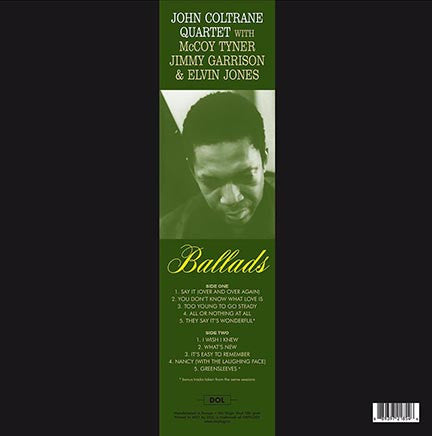 Image of Back Cover of LP - VG+/VG+ - JOHN COLTRANE QUARTET, Ballads (DOL; DOL854HG, Europe 2017 Reissue, Gatefold, 180 Gram Vinyl), ,  - 3646083S