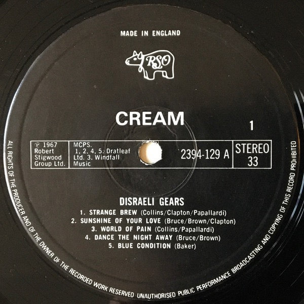 Image of Label Cover of LP - VG+/VG - CREAM, Disraeli Gears (RSO Black Labels ; RSO 2394 129, UK 1970s Reissue), Strong VG,  - 3616090C