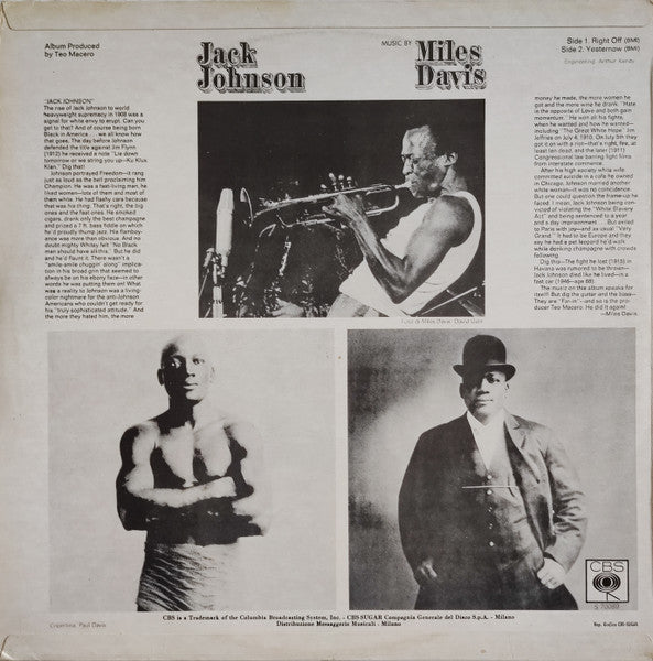 Image of Back Cover of LP - VG/G+ - MILES DAVIS, Jack Johnson (Colonna Sonora Originale Del Film) (CBS; 70089, Italy 1976 Reissue, CBS Sugar labels), Hairlines, light scratches, NB NOT Flipback sleeve as per Discogs listing, but is Sugar version,  - 3646085S