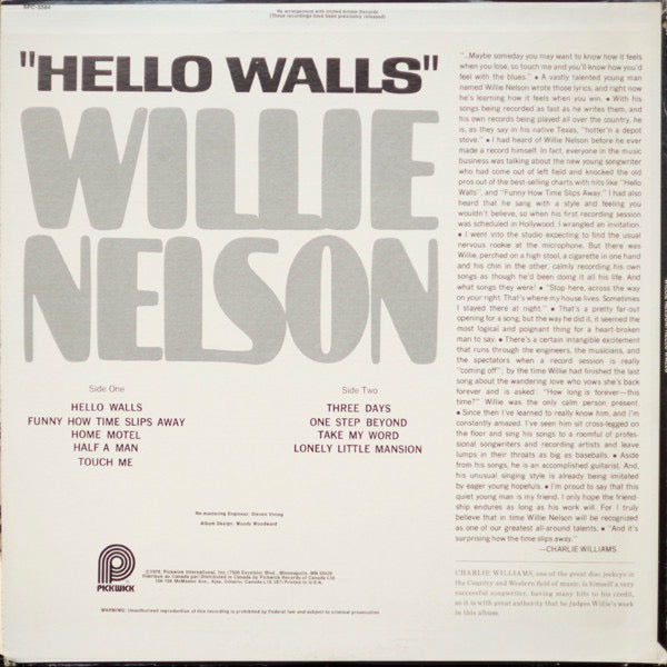 Image of Back Cover of LP - VG/VG - WILLIE NELSON, Hello Walls (Pickwick; SPC-3584, US 1978 Reissue, Pasteback Sleeve, Company Inner), Strong VG,  - 3616091C