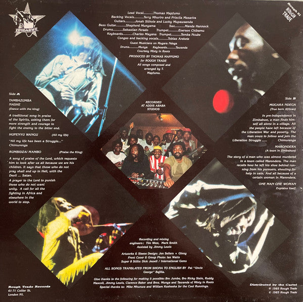 Image of Back Cover of LP - VG/VG+ - THOMAS MAPFUMO AND THE BLACKS UNLIMITED, Chimurenga For Justice (Rough Trade; Rough 91, UK 1985, Picture Sleeve), ,  - 3626127E