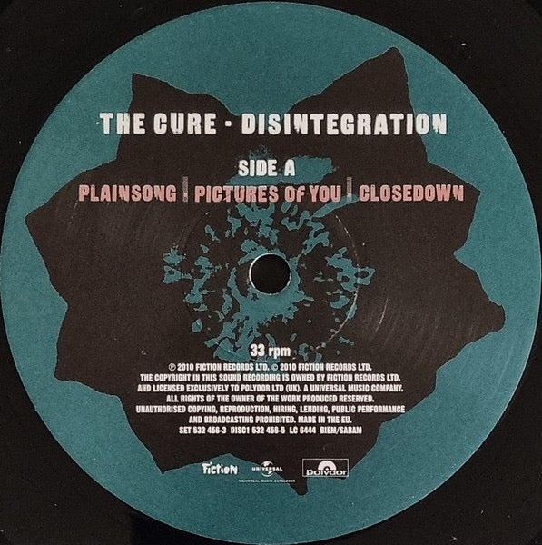 Image of Label Cover of 2xLP - NEW/NEW - THE CURE, Disintegration (Fiction Records; 532 456-3, Europe 2010 Reissue, Remastered, 180g), , The Cure at their most expansive and emotionally heavy, turning gothic rock into something genuinely beautiful. From the huge sweep of  Pictures of You  to the darkness of  Fascination Street , it s an album that somehow feels both grand and deeply personal.  - 3536220E