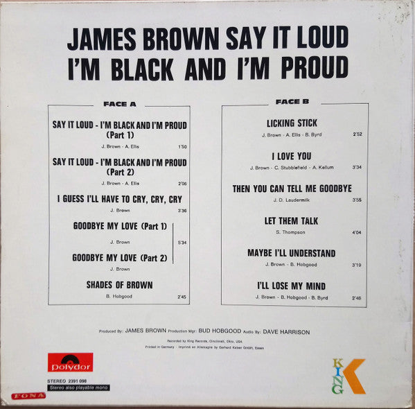 Image of Back Cover of LP - VG+/VG+ - JAMES BROWN, Say It Loud I'm Black And I'm Proud (Polydor Red Label; 2391 098, Germany Reissue), ,  - 3626162E
