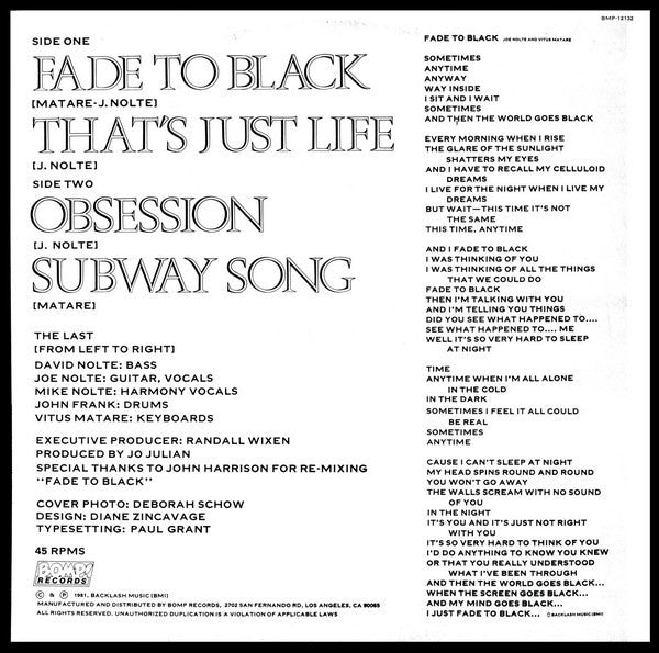 Image of Back Cover of 12" EP - VG+/VG+ - THE LAST, Fade To Black (BOMP! ; BOMP 12132, US 1982, Picture Sleeve), Strong VG+,  - 3526338E